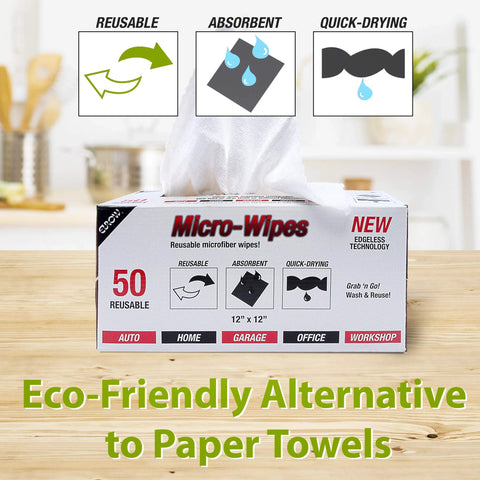 Front view of Micro-Wipes box with 50 reusable white 12x12in microfiber wipes in a dispenser.