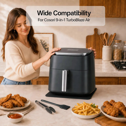Woman using Slide Mat For 9 In 1 TurboBlaze Air Fryer With Anti Slip Base And Hanging Strap, Easy Clean Countertop Protector.