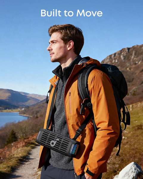 Man hiking with Compact Outdoor Speaker With Floating Playback Stays Upright In Waves IP68 Waterproof Saltwater Resistant