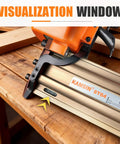 14 Gauge Pneumatic Concrete T Nailer With 400 Pcs 3/4 Inch T Nails in use on a workbench, showing visualization window.