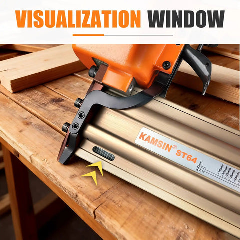 14 Gauge Pneumatic Concrete T Nailer With 400 Pcs 3/4 Inch T Nails in use on a workbench, showing visualization window.