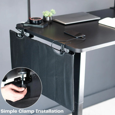 Black 30 Inch Clamp On Desk Skirt With Privacy Panel And Cable Management System To Keep Cords Tucked, attached to edge.