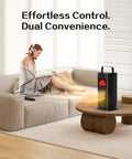 Woman relaxing with New 1500W Portable Space Heater With Fireplace Flame Effect, ETL And UL Certified for cozy warmth.
