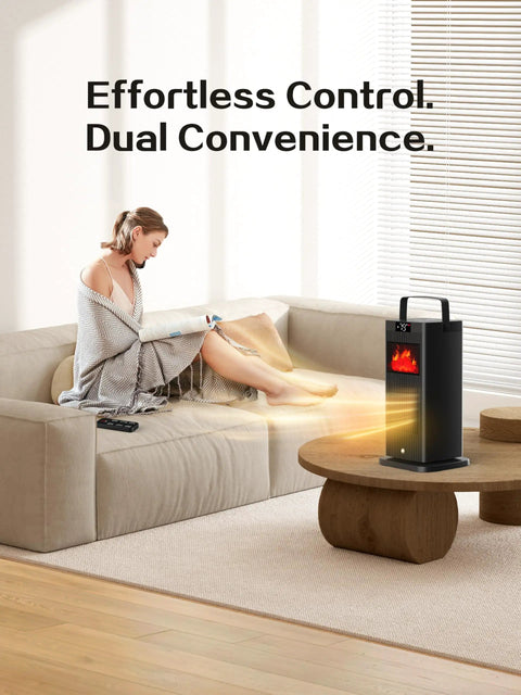Woman relaxing with New 1500W Portable Space Heater With Fireplace Flame Effect, ETL And UL Certified for cozy warmth.