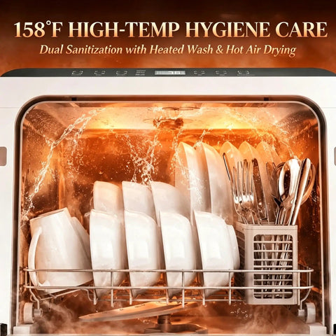 Interior view of Snappy Portable Countertop Dishwasher With Built In One Point Six Gallon Tank For No Sweat Cleaning Top Shelf Results And Quick Faucet Hookup Without Messy Drain Lines, showing dishes and utensils.