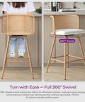 Set Of 4 Swivel Rattan Bar Stools, 26 Inch Counter Height With Natural Woven Back And White Faux Leather Seats, shown swivel feature.