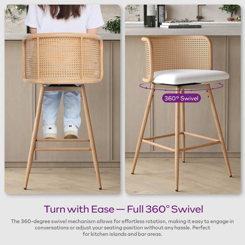 Set Of 4 Swivel Rattan Bar Stools, 26 Inch Counter Height With Natural Woven Back And White Faux Leather Seats, shown swivel feature.