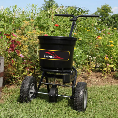 Heavy-Duty Push Spreader With Side Deflector Kit And Hopper Grate For Lawn Care, 50 Lb Capacity Handles Fertilizer, Grass Seed, Or Ice Melt