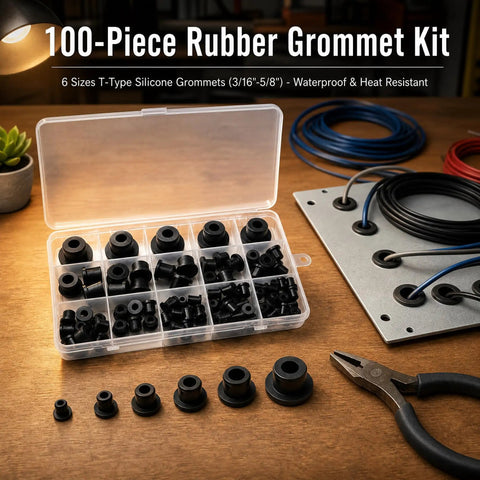 Six Size Silicone Grommet Kit With 100 Pcs T Type Grommets For Automotive Firewall Wiring And Cable And Pipe Holes Waterproof And Heat Resistant Hole Plugs For Electrical Irrigation Plumbing And More Storage Case Included clear case with black silicone grommets