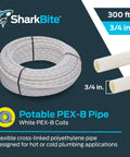 Three Quarter Inch White Pex B Pipe Tubing, 300 Feet coil for plumbing visible with dimensions and branding details
