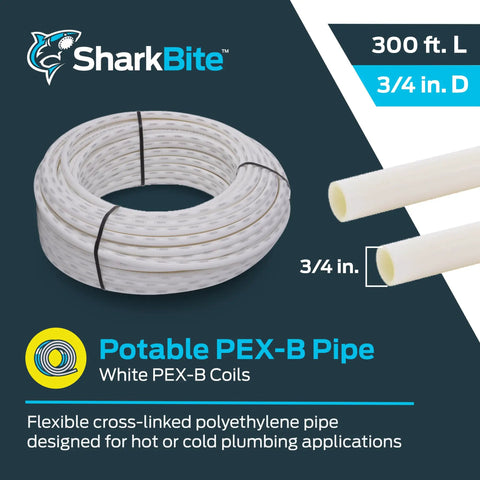 Three Quarter Inch White Pex B Pipe Tubing, 300 Feet coil for plumbing visible with dimensions and branding details