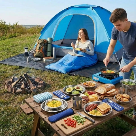 Grab And Go All In One 11 Piece Camping Gear Set For One To Two People Including Tent Sleeping Bag Stainless Steel Mess Kit Waterproof Tarp And More For Backpacking Road Trips Beach Backyard Fun And Family Campouts scene with tent, tarp, and table with food