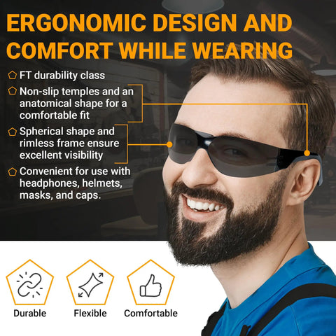 Man wearing Tough As Nails Wraparound Safety Glasses For Men And Women 12 Pack Gradient Gray, showcasing ergonomic design and comfort.