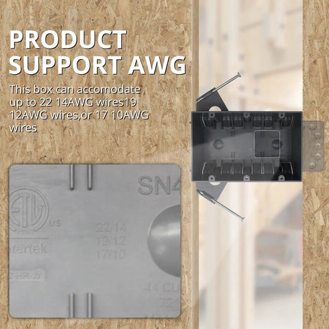 Hassle Free 3 Gang Pvc Nail On Electrical Box With Built In Living Hinges For Straight Line Wiring No Knockout Headaches 44 Cubic Inch Volume Two Hour Fire Rated EtL Certified New Work Outlet Gray Single Pack showing capacity information for wires.