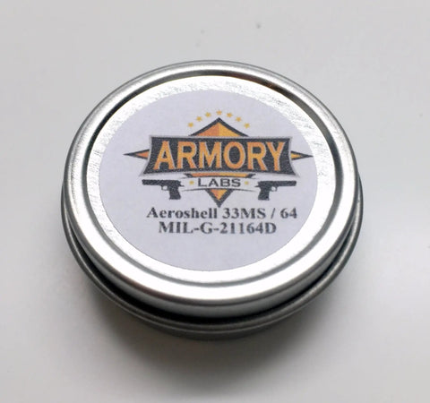 Quarter Ounce Mil-Spec Gun Grease Kit For AR-15 Folks And Builders, small tin of grease labeled MIL-G-21164D AeroShell 33MS