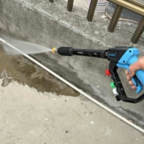 Adjustable High Power Pressure Washer Gun With Swivel Length Options 37, 24, and 10 Inches 2 Extension Wands 5 Nozzles 10 O Rings Thread Adapter Quick Connect 5000 PSI For Heavy Duty Cleaning in action outside against concrete surface