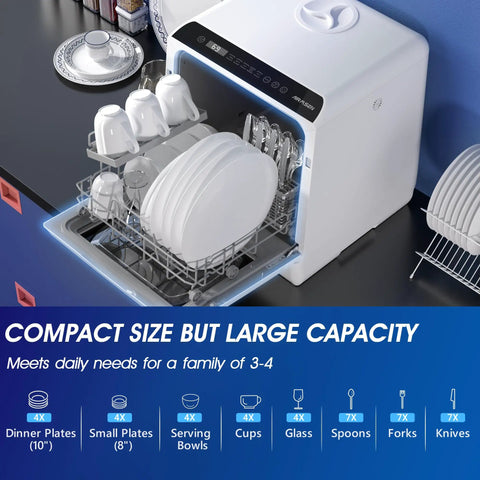Ultra Compact Countertop Portable Dishwasher With No Hookup Setup Runs Smooth To Clean Forty Plus Dishes Fast, showing large capacity dish rack.