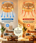 FUMLTP Boho Caged Ceiling Fans with Lights, Remote Control, Flush Mount showing forward and reverse rotation modes for seasonal comfort.