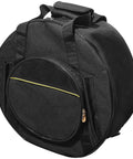 Road Ready Snare Drum Case And Gig Bag With Badass Thickened Padding And Adjustable Shoulder Strap For Smooth Hauling Of Your 14 Or 15 Inch Snare In Sleek Matte Black, heavy-duty round gig bag with zipper.