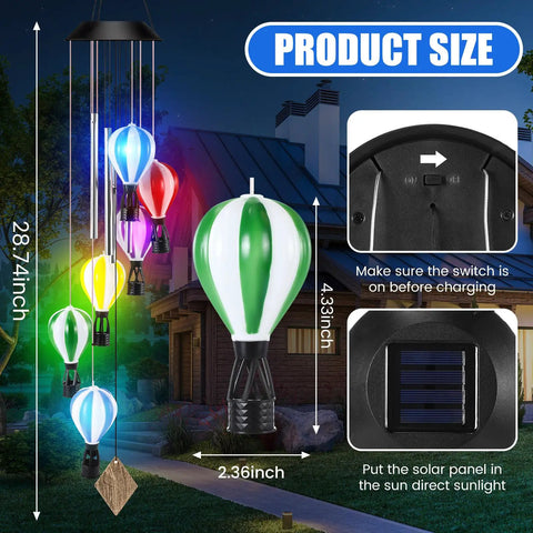Solar Wind Chimes Outdoor Decor With Hot Air Balloon Lights Waterproof Garden Patio Lighting Lit At Night Perfect Gift For Mothers Day Mom Grandma Birthday illuminated with size details