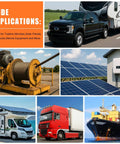 Collage showing trailer, winch, solar panels, RV, truck, and boat applications for 4 Pack 120A Battery Quick Disconnect Connectors.