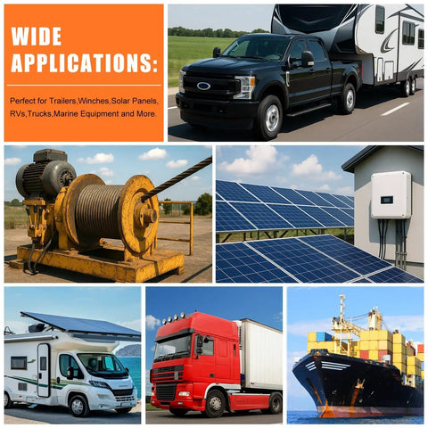 Collage showing trailer, winch, solar panels, RV, truck, and boat applications for 4 Pack 120A Battery Quick Disconnect Connectors.