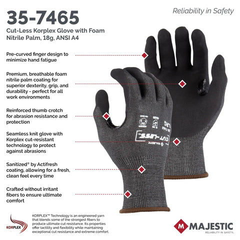 Cut-Less Korplex Glove With Foam Nitrile Palm For Cut Resistance And Dexterity, touch screen compatible, large size, gray and black, 12 pair.