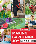 Collage of gardening tools and people using pruners with Tabor Tools branding and 'Making Gardening a Joy Since 1982' tagline.