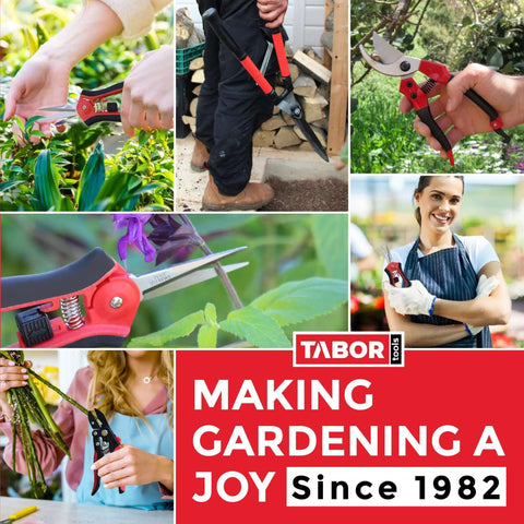 Collage of gardening tools and people using pruners with Tabor Tools branding and 'Making Gardening a Joy Since 1982' tagline.