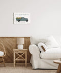 Farm Fresh Sunflowers Rustic Pickup Truck Wood Sign Wall Art By Natalie Carpentieri hanging above sofa, farmhouse decor style.