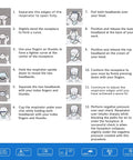 Instructional diagram for wearing the N95 Duckbill Respirator Mask With Pouched Design For All Day Breathable Comfort Flexible Nosepiece And Headloops For A Secure Fit Blue Box Of 50 NIOSH Approved Made In USA.