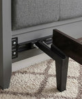 Heavy Duty Adjustable Headboard Brackets For Bed Frame With Complete Hardware Set Black Metal Extension Connector Kit installed on bed.