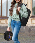 Girl carrying a backpack and lunch bag with the Three Pack 17 Inch Daypacks For Camping Hiking Travel And Outdoor Adventures Budget Friendly Go To Daypacks Set For Group Trips Hunting Backpacking And Everyday Use.