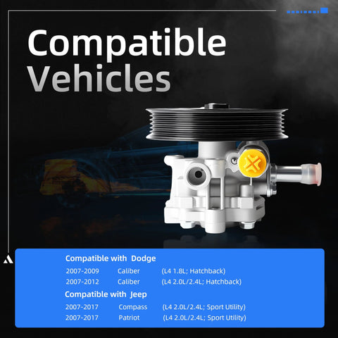 Power Steering Pump With Pulley Drops Right In For Dodge Caliber 2007 To 2009 1.8L And Caliber 2007 To 2012 2.0L 2.4L Jeep Compass Patriot 2007 To 2017 2.0L 2.4L L4 Engines Replacement 5105048AA 5105048AB 20 2401 displayed with compatibility chart