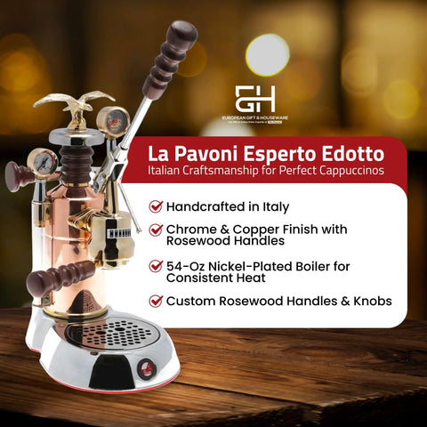 Handcrafted Italian 16 Cup Lever Espresso Machine Featuring Chrome Copper Body And Rosewood Handles Dual Frothing System, detailed view.