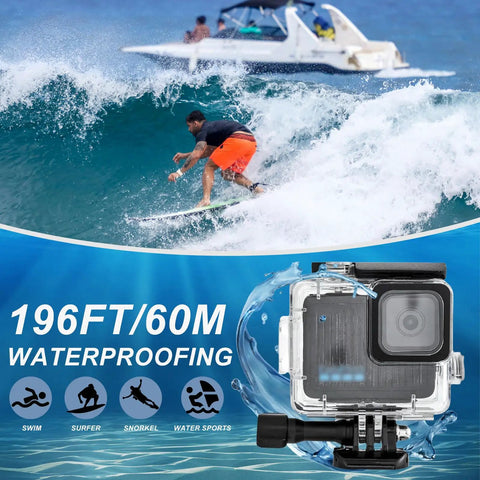 Surfer captured using Waterproof Case For Hero 4K Action Camera With 196FT 60M Underwater Depth, Durable Dive Housing Plus Accessories.