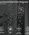 Close-up of waterproof PU Leather Bling Diamond Car Seat Covers Full Set with rhinestone detail and airbag compatible tag.
