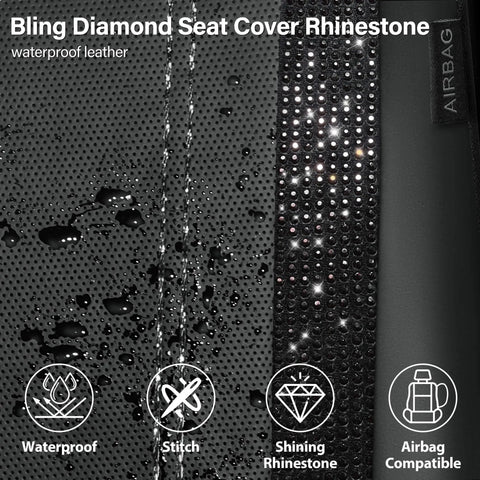 Close-up of waterproof PU Leather Bling Diamond Car Seat Covers Full Set with rhinestone detail and airbag compatible tag.