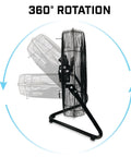 Side view of 20 Inch High Velocity Garage Floor Fan With Tilt Adjustable Head, 3 Speed Settings, showing rotation feature, Black SAFF-20