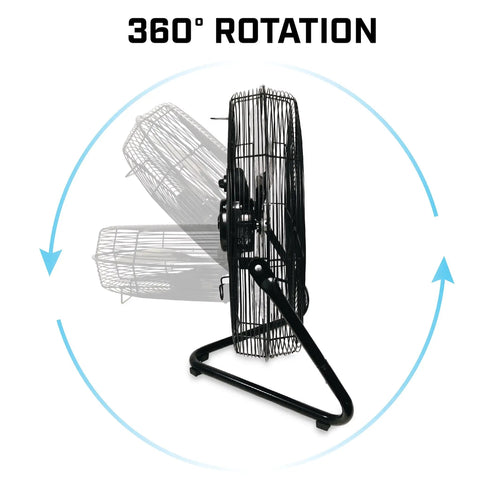 Side view of 20 Inch High Velocity Garage Floor Fan With Tilt Adjustable Head, 3 Speed Settings, showing rotation feature, Black SAFF-20