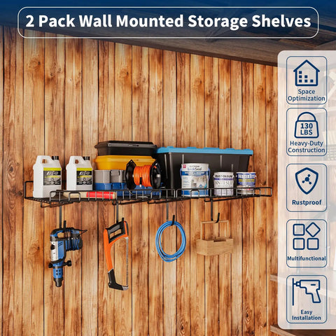 Installed 2 Pack Heavy Duty Wall Shelves For Garage And Home Mounts Steel Floating Shelves storing tools and supplies