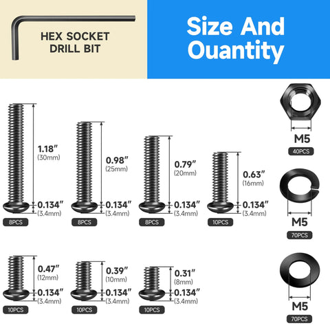 244 Piece M5 Screw Kit With Button Head Socket Cap Bolts Nuts Washers And Hex Wrenches In Grade 10.9 Carbon Steel Black Oxide diagram