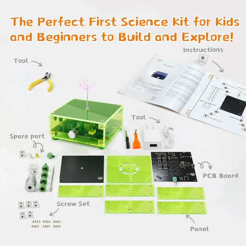 Tesla Coil Kit For Kids And Teens clear acrylic STEM electronics kit with panels, PCB, tools, and manual