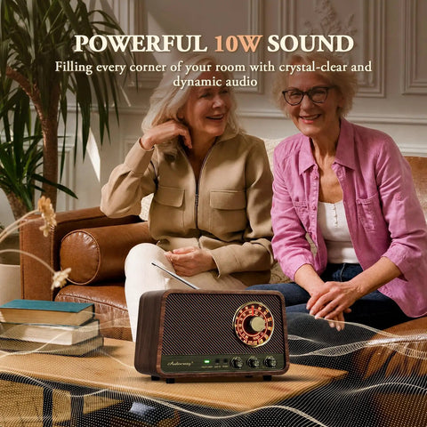 Two women enjoying Vintage Wooden AM FM Bluetooth Radio Speaker With 10 Watts Power And Retro Dial With Soft Glow Bass
