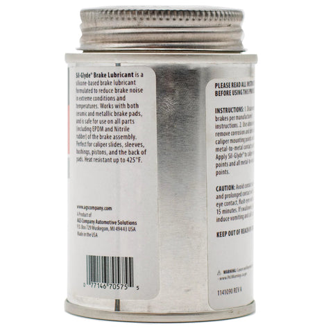 Side view of a Premium 4oz Brush Top SIL Glyde Silicone Brake Grease tin by AGS Automotive Solutions showing instructions.