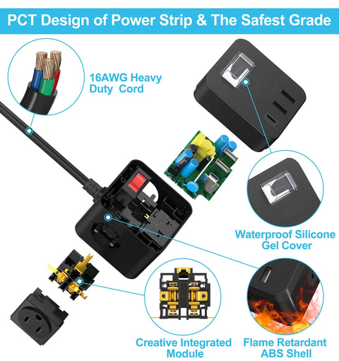 Travel Friendly Power Strip Cube With USB C 5ft Extension Cord Compact Weatherproof Surge Protector design features and parts