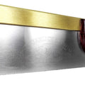 Close-up of Heavy Duty 8 Inch Dovetail Saw With Stained Beech Handle, brass frame, and sharp steel blade.