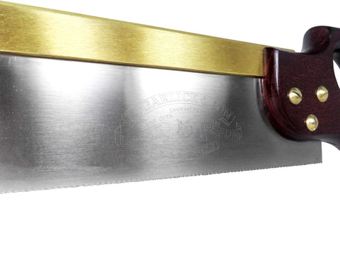 Close-up of Heavy Duty 8 Inch Dovetail Saw With Stained Beech Handle, brass frame, and sharp steel blade.