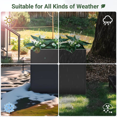 Sturdy 36 Inch Metal Planter Box With Drainage Holes And Rust Proof Coating displayed in various weather conditions outdoors