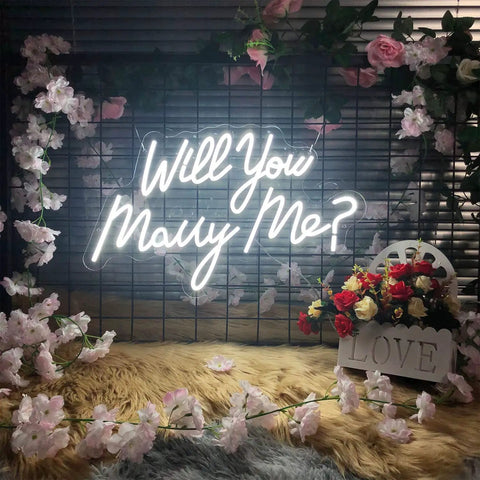 Will You Marry Me Neon Light Sign For Wedding Decor And Proposal Night Light Up Letters For Get Hitched Bedroom Wall Art Romantic Gift For Women 23 By 14 Inches LED Accent For Home And Party with floral backdrop
